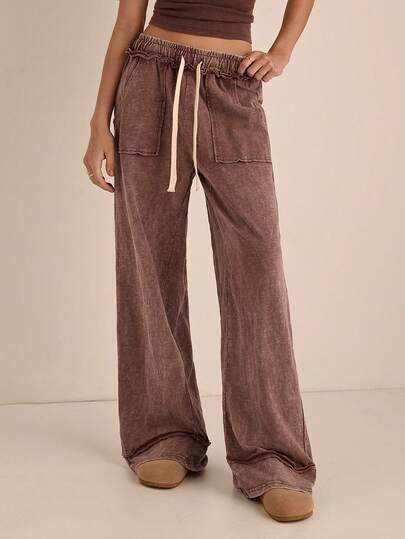 Easelle 深棕色纯色抽绳腰宽松休闲裤
