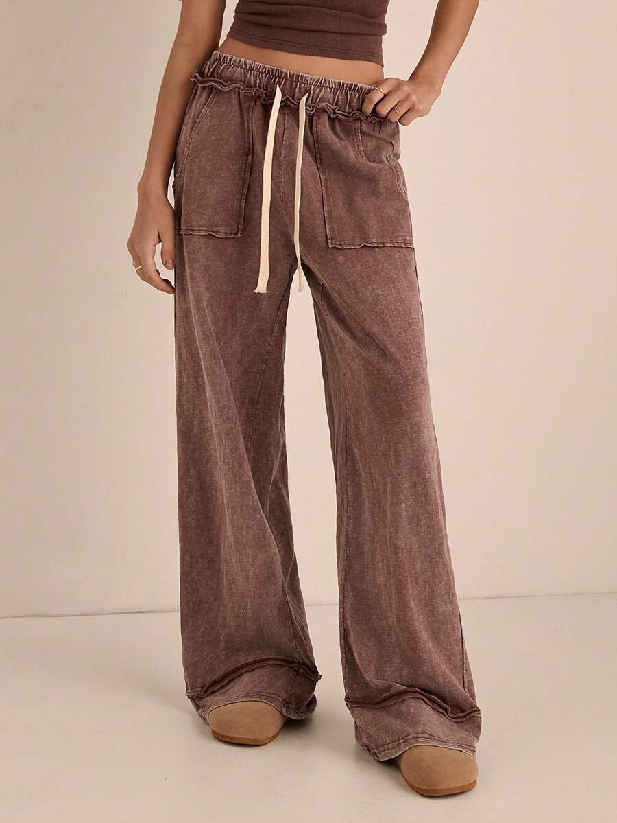 Easelle Dark Brown Solid Color Drawstring Waist Loose Casual Pants, Washed Long Pants With Snowflake Pattern - Brown - View 1