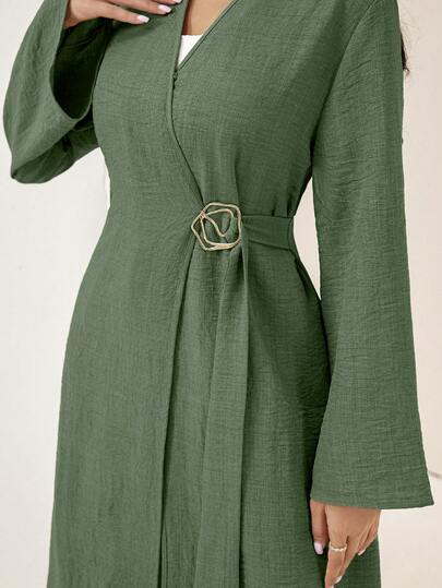 Veilorie Women's Solid Color Long Sleeve Crossover Wrap Simple Arabic Abaya