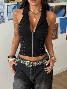 StreetHx Women's Punk Subculture Strap Zipper Sleeveless Halter Shirt - Black - View 1