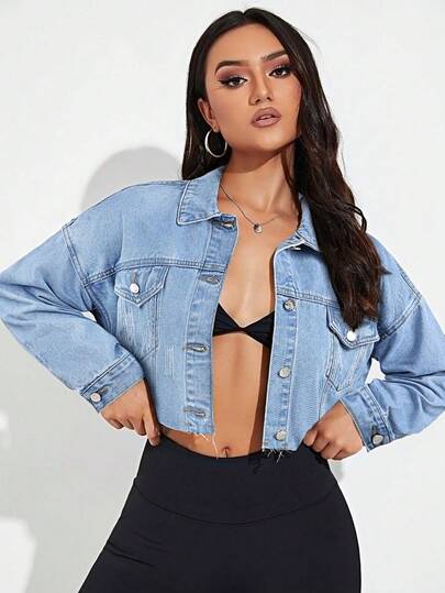 Breezaya Women's Summer Casual Front Button Flap Pocket Cropped Denim Jacket