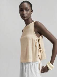 Ontre 2026春夏女士纯色亚麻面料侧开衩蝴蝶结设计圆领无袖背心，都市通勤商务休闲优雅上衣，适合度假、派对、夏季穿着 - 杏色 - 查看 5