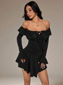 SHEIN PETITE Váy dài tay trễ vai màu đen trơn thanh lịch cho kỳ nghỉ hè trên bãi biển, thích hợp cho hẹn hò hàng ngày, đi chơi đêm, hộp đêm, tiệc tùng, tụ tập, tiệc cocktail, váy dự tiệc ngày lễ, tiệc hồ bơi - màu đen - Xem 7