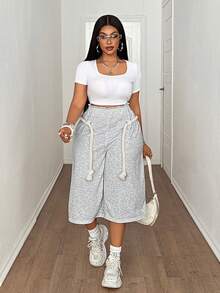 Plus Size Women's Summer Casual Loose Rope Shorts, Suitable For Daily, Party, And Vacation Wear - Grey - View 3