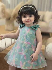 SHEIN Baby Girl Loose Elegant Big Bow 3D Flower Sleeveless Dress - Green - View 4