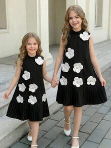 SHEIN Vestido sin mangas para niña preadolescente con cuello mao, manga corta, tejido con bloqueo de color y decoración floral 3D, adecuado para fiesta de cumpleaños, Día de San Valentín - Negro - Ver 3