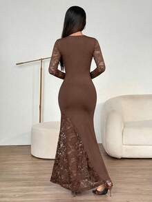SHEIN PETITE Đầm Maxi đuôi cá phối ren đen cổ bẻ, phong cách tối màu, gợi cảm, thanh lịch, gợi cảm, thu đông - màu nâu - Xem 2
