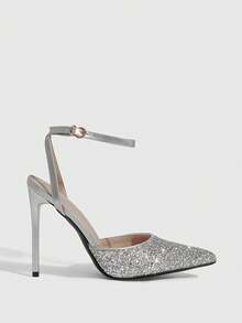 CUCCOO SZL Women Shoes Pointed Thin High Heel Silver Glitter Ankle Strap Slingback Women's Shoes Simple Elegant Fashion Sexy Party Banquet Nightclub Women's High Heel Shoes Women's Shoes - Greet Silver 2 - View 4