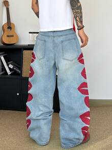 STEELVANCE Men Vintage Fashionable Versatile Washed Red Lip & Heart Embroidery Design Loose Wide Leg Casual Jeans - Light Wash - View 2