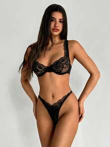 Aloruh 女士蕾丝性感钢圈文胸和内裤套装，适合外出穿着，打造坏蛋造型 - 黑色 - 查看 4