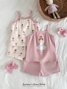 Cozy Pixies 4件套女婴卡通图案针织柔软吊带背心和松紧腰短裤套装 - 彩色 - 查看 7
