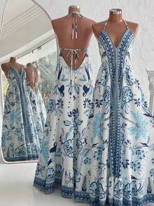 Franclia 波西米亚风蓝白印花露背吊带长裙，深V腰部荷叶边下摆，适合度假和约会，优雅百搭。垂坠感面料，凸显身材曲线。精致的露背设计，深V腰部，蓝白印花长裙，波西米亚风夏季连衣裙，女士波西米亚风服装，蓝白连衣裙，女士度假连衣裙，夏季沙滩连衣裙，波西米亚风女装 - 藍白色 - 查看 2