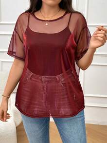 SHEIN Essnce Plus Size Semi-Sheer Iridescent Round Neck Loose Fit Women Top - Burgundy - View 3