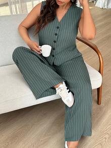 Lounesse Plus Size Elegant Casual Commute Vest, Shirt And Straight Leg Pants - Green - View 5