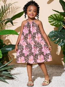 SHEIN 少女花卉豹纹无袖休闲连衣裙 - 棕色 - 查看 1