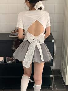 DAZY Women's Bow Tie Backless Round Neck Fitted Elastic Minimalist Sexy Top T-Shirt - White - View 4