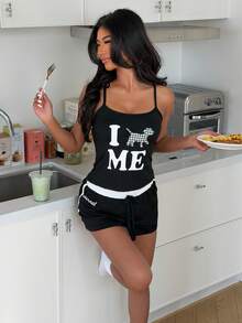 SHEIN 女士睡衣套装，字母和小狗图案吊带背心和短裤 - 黑色 - 查看 8