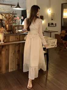 DAZY 女士法式蕾丝边饰薄纱雪纺上衣和半裙两件套 - 杏色 - 查看 2