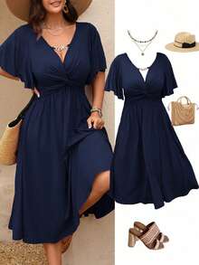 SHEIN Clasi Vestido midi de línea A con cuello en V, textura de punto, cintura con volantes y cadena, para mujer talla grande, primavera/verano - Azul Marino - Ver 1