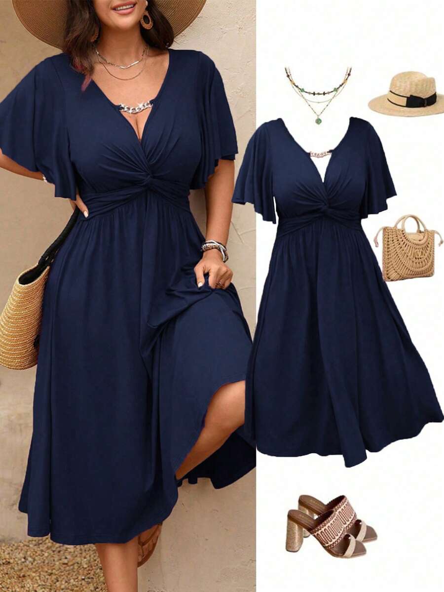 SHEIN Clasi Vestido midi de línea A con cuello en V, textura de punto, cintura con volantes y cadena, para mujer talla grande, primavera/verano - Azul Marino - Ver 1