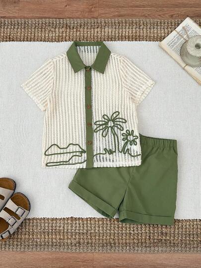 2pcs/Set Young Boy Toddler Cute Coconut Tree Pattern Hollow Out Short Sleeve Shirt Knit Top And Shorts Set, Hawaiian Shirt, Summer Outfits