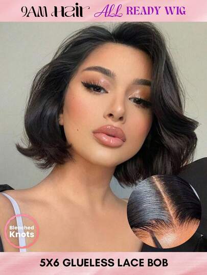 ALL READY WIG Wear And Go Glueless Bob Wig Loose Wave Lace Front Human Hair Wigs For Women Pre Plucked And Pre Cut 5x6 Lace Closure No Glue Needed For Beginners Natural Black 8 Inch