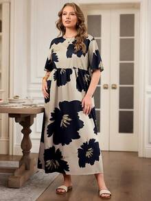 Rosumi 加大码短袖腰部褶皱开衩侧双口袋音乐节波西米亚花卉印花连衣裙，适合春夏季 - 彩色 - 查看 3