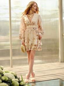 MOTF PREMIUM WOMEN'S ROMANTIC FLORAL PRINT WAIST CINCHED LONG SLEEVE SHORT DRESS, SPRING/SUMMER - Apricot - View 6