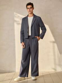 RONVEXI Conjunto de terno masculino casual de duas peças, composto por blazer de manga comprida e calça reta, em tecido plano. Ideal para casamentos e ocasiões casuais. Conjunto coordenado masculino cinza. - Cinza escuro - Ver 3