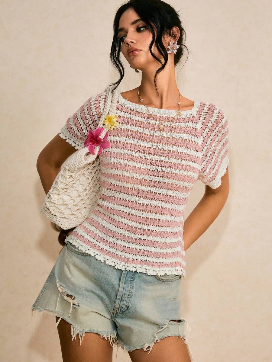 Poéselle 粉白条纹钩针短袖上衣，镂空露背针织衫，可爱夏季波西米亚风度假衬衫，女士条纹圆领插肩短袖镂空针织上衣，法式风格上衣，女士沙滩装，女士夏季钩针上衣，女士夏季上衣，女士针织上衣