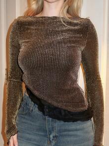 Turnttoni 女士时尚优雅金属光泽亮片喇叭袖荷叶边不对称下摆修身T恤，闪亮上衣，新年、圣诞派对、聚会、优雅派对，适合日常穿着、外出、通勤、秋冬季 - 金色 - 查看 3