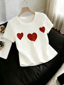 Resyla New Fashion Women Heart Print Round Neck Short Sleeve T-Shirt - White - View 5
