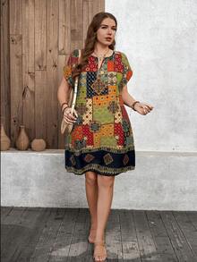 SHEIN LUNE 大码女式复古印花V领蝙蝠袖休闲连衣裙度假装女式夏季服装女式办公室着装 - 藏蓝色 - 查看 5