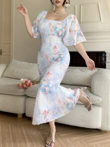 DAZY Women's Elegant Floral Textured Square Neck Fishtail Midi Dress, Summer - Baby Blue - View 4