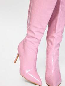 ROMWE Kawaii 经典尖头女士冬季拉链暖石纹理长靴，过膝长靴，高跟鞋 - 粉色 - 查看 4