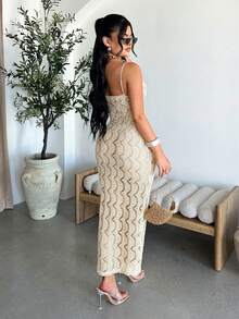 SHEIN SXY 女士无袖修身镂空连衣裙 - 杏色 - 查看 2