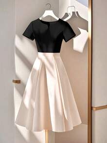 Lyxana Color Block Cutout Neck Short Sleeve Elegant Minimalist Summer Dress - Apricot - View 1