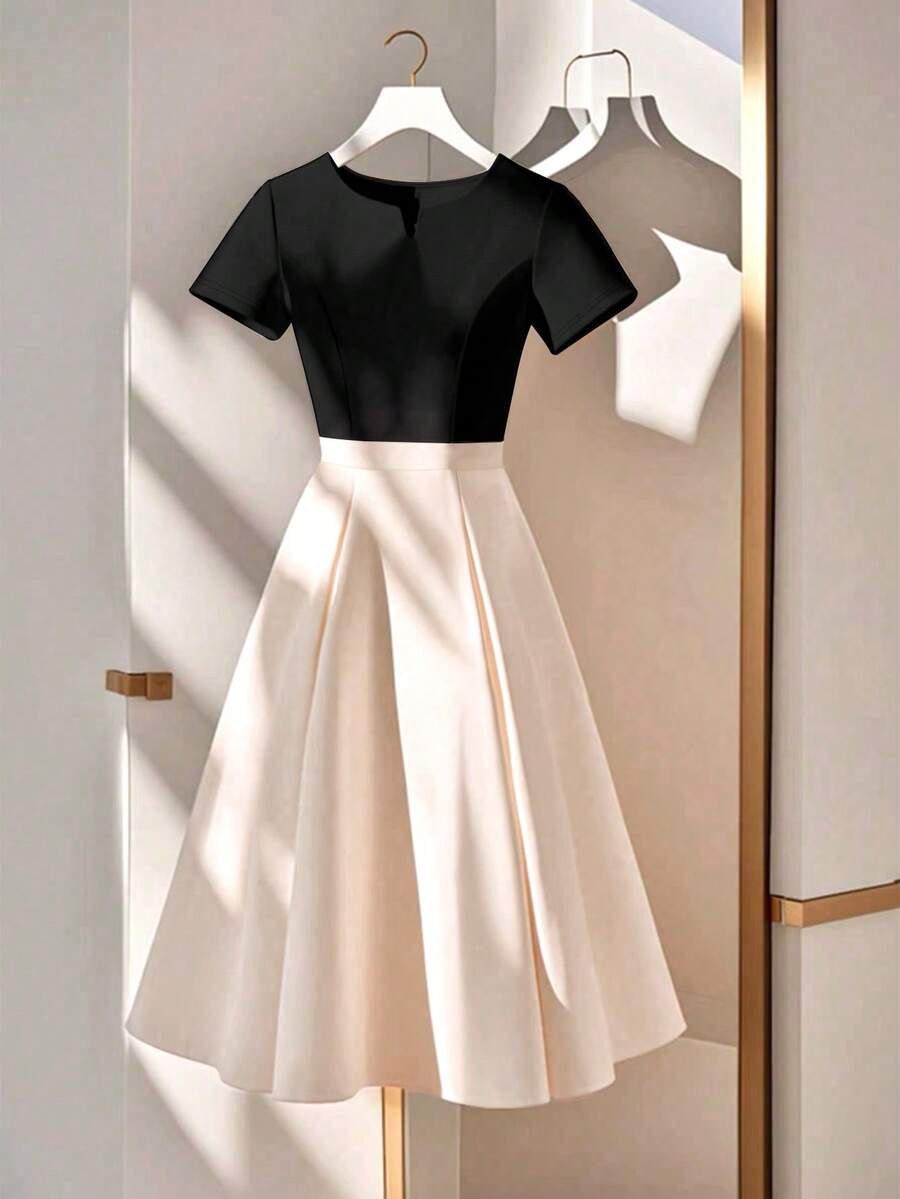 Lyxana Color Block Cutout Neck Short Sleeve Elegant Minimalist Summer Dress - Apricot - View 1