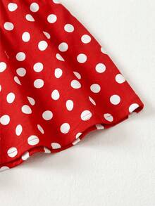 SHEIN Playful Pals 女嬰紅白波點荷葉邊袖洋裝，蝴蝶結裝飾，可愛公主風夏季度假太陽裙，法式風格洋裝，適合6個月-3歲 - 紅色 - 查看 6
