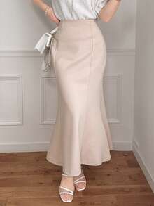 DAZY Women's Solid Color Waist Tie Design Elegant Mermaid Midi Skirt - Apricot - View 5