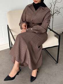 Women's Casual Collared Metal Button Waist Top And Skirt 2 Pieces Set - Coffee Brown - View 7