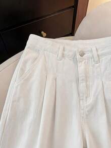 SHEIN Frenchy 女士褶裥阔腿宽松休闲百搭牛仔裤，夏季女装，春假情人节优雅派对裤，优雅女裤，度假女裤，女士休闲裤，白色裤子，女士纯白阔腿牛仔裤，高腰褶裥牛仔休闲宽松长裤 - 白色 - 查看 3