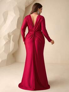 Coutiva Vestido de noite formal plus size com decote em V profundo e mangas compridas, adornado com strass (altamente bordado). - Borgonha - Ver 3