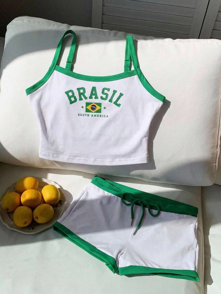 Comfortcana Conjunto de camiseta de tirantes y shorts súper cortos en los colores de la bandera de Brasil - Multicolor - Ver 1