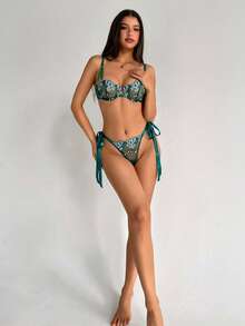 Aloruh 2pcs Sky Blue Embroidered Lace-Up Women's Lingerie Set - Dark Green - View 5