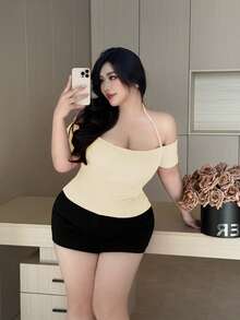 Vibekara 大码女式纯色露肩吊带性感百搭上衣 - 杏色 - 查看 6