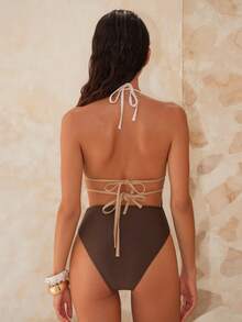 Swim Chiccia 女士纯色拼接串珠可调节系带泳衣 - 彩色 - 查看 5