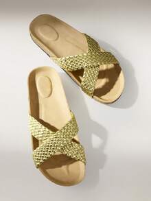 Solecia Women Shoes Summer Cross-Braided Band Round Toe Thick Bottom Fashion Leather Gold Slippers Daily Party - Gold - View 6