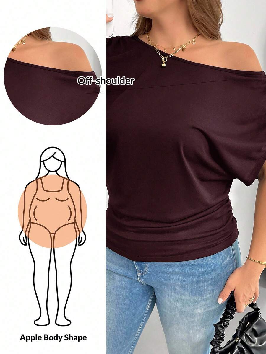 SHEIN Essnce Plus Size Women's Spring And Summer Fashion Casual Loose And Comfortable Daily Versatile Slim Black Off-Shoulder Short-Sleeved T-Shirt, Simple Style,Work Tops,European Summer,Off The Shoulder Top,Church Clothes For Women,Teacher Clothers - Brown - View 1