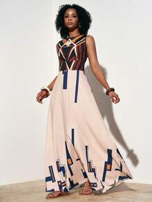 Zivah 2026 Spring/Summer New Music Festival, Easter, St. Patrick's Day, Valentine's Day, Date, Western, Nomadic, Birthday Party, Graduation, College, Student, Casual, Daily, Basic, Leisure, Vacation, Cruise, Beach, Sunbathing, Viral, Streetwear, Wedding Guest, Boho, Commute, Brunch, Airport, Party, Holiday, Office, Sleeveless A-Line Maxi Dress With Print - Apricot - View 6